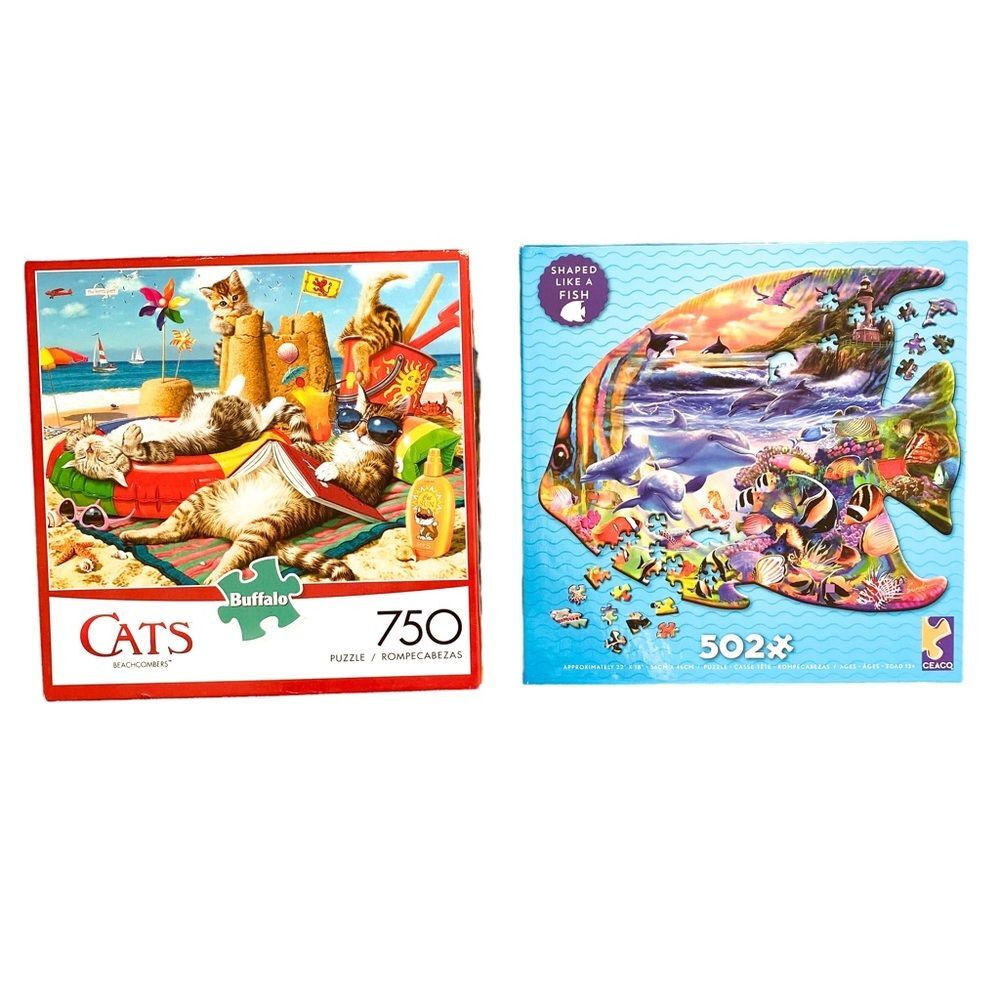 Buffalo and Ceaco Summer Puzzle Bundle Cat Beach Print Fish Shaped Jigsaw Set